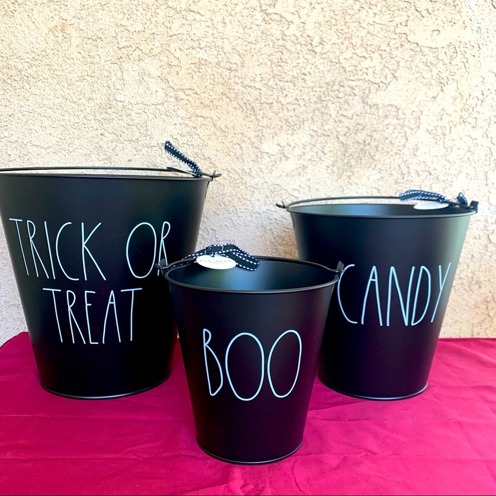 NEW 2022 Black Rae Dunn Halloween Metal Pail Bucket (set of 3) 9in 7in 5in